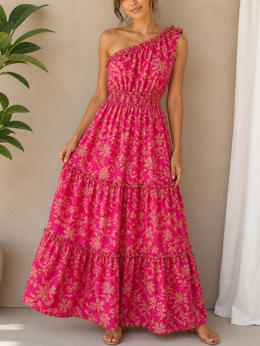 Taylor One-Shoulder Pink Floral Maxi Dress